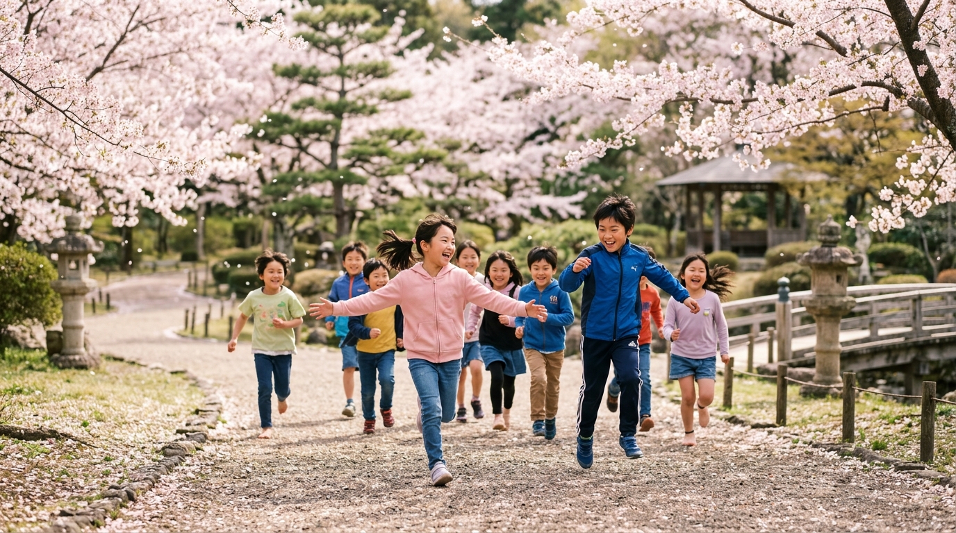 日本兒童在櫻花公園奔跑玩耍，展現骨骼健康活力