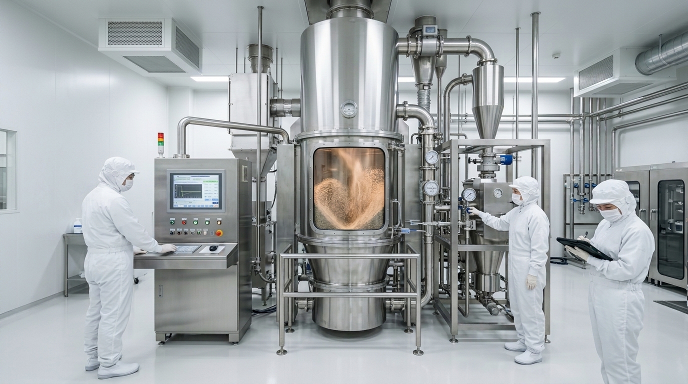日本 GMP 製藥工廠流動層造粒機生產作業現場